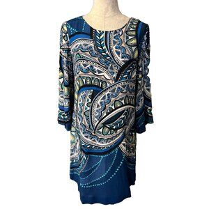 Hale Bob Shift Dress S Small Blue Paisley Pockets Career Church 3/4 Long Sleeve